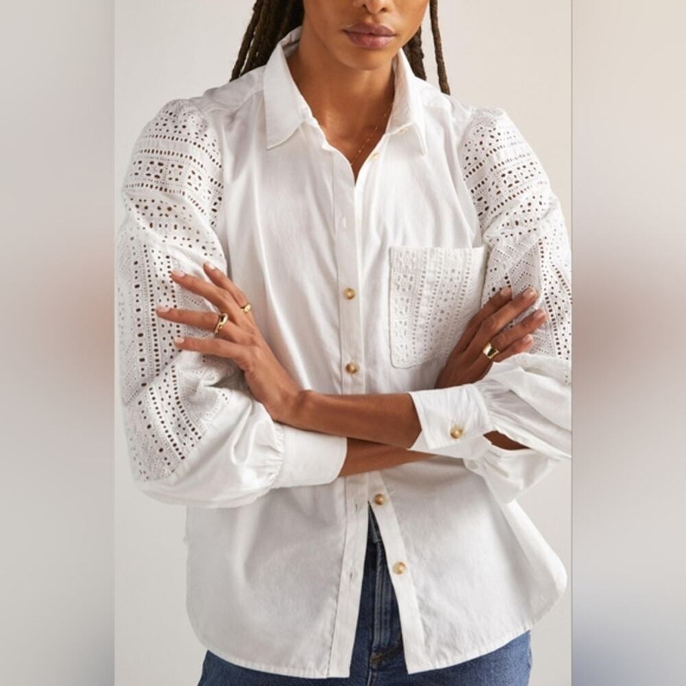 Anthropologie Lace Puff-Sleeve Button Down Shirt